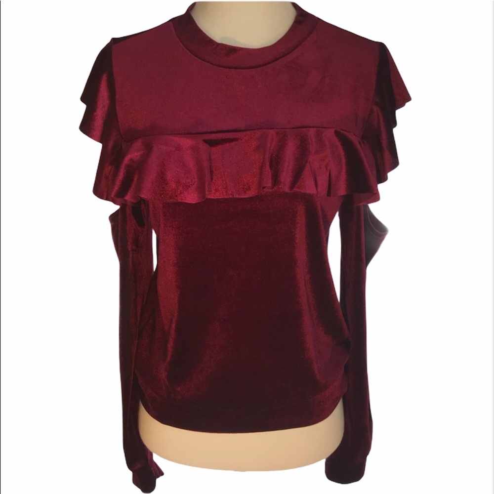 Romeo Juliet Burgundy Red Velvet Shirt Top Ruffles Small Cut Out Christmas